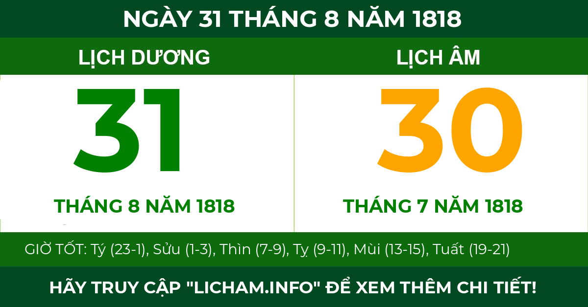 lịch âm ngày 31 tháng 8 năm 1818