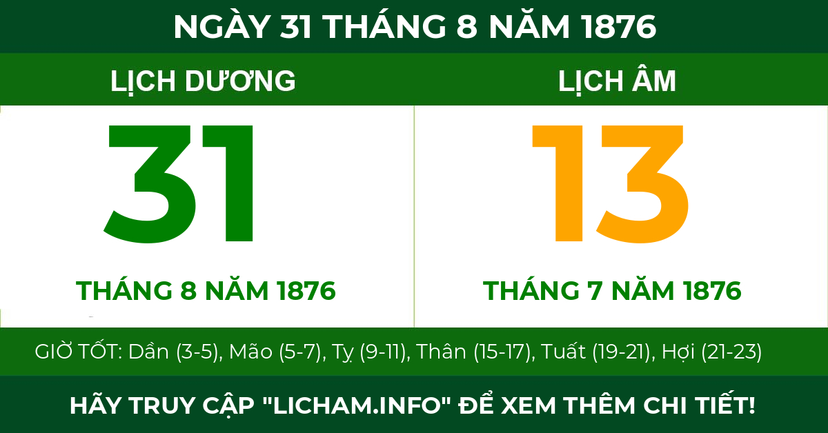 lịch âm ngày 31 tháng 8 năm 1876