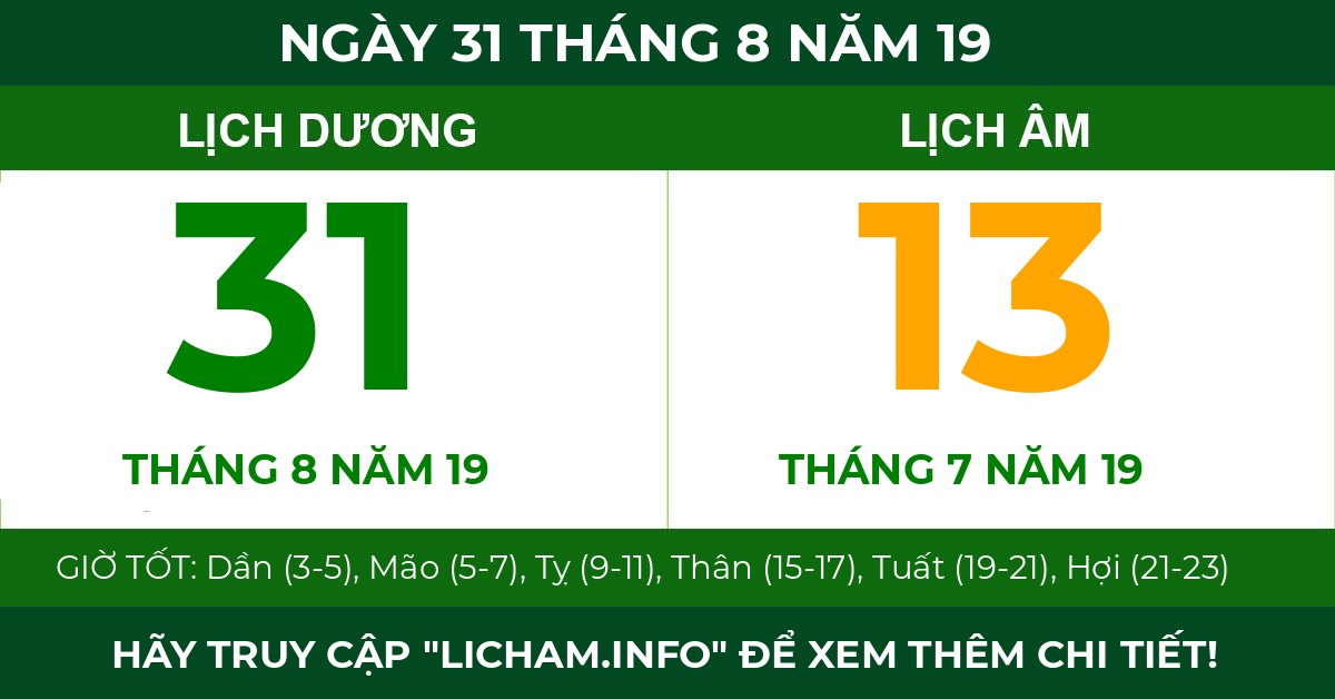 lịch âm ngày 31 tháng 8 năm 19