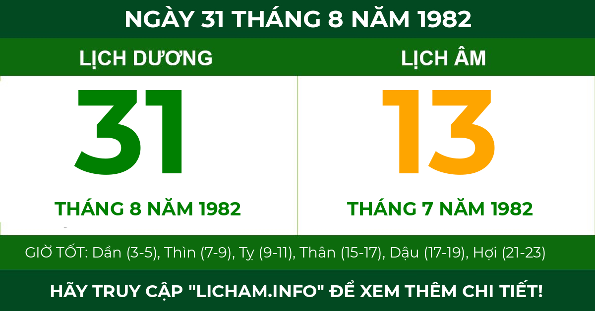 lịch âm ngày 31 tháng 8 năm 1982