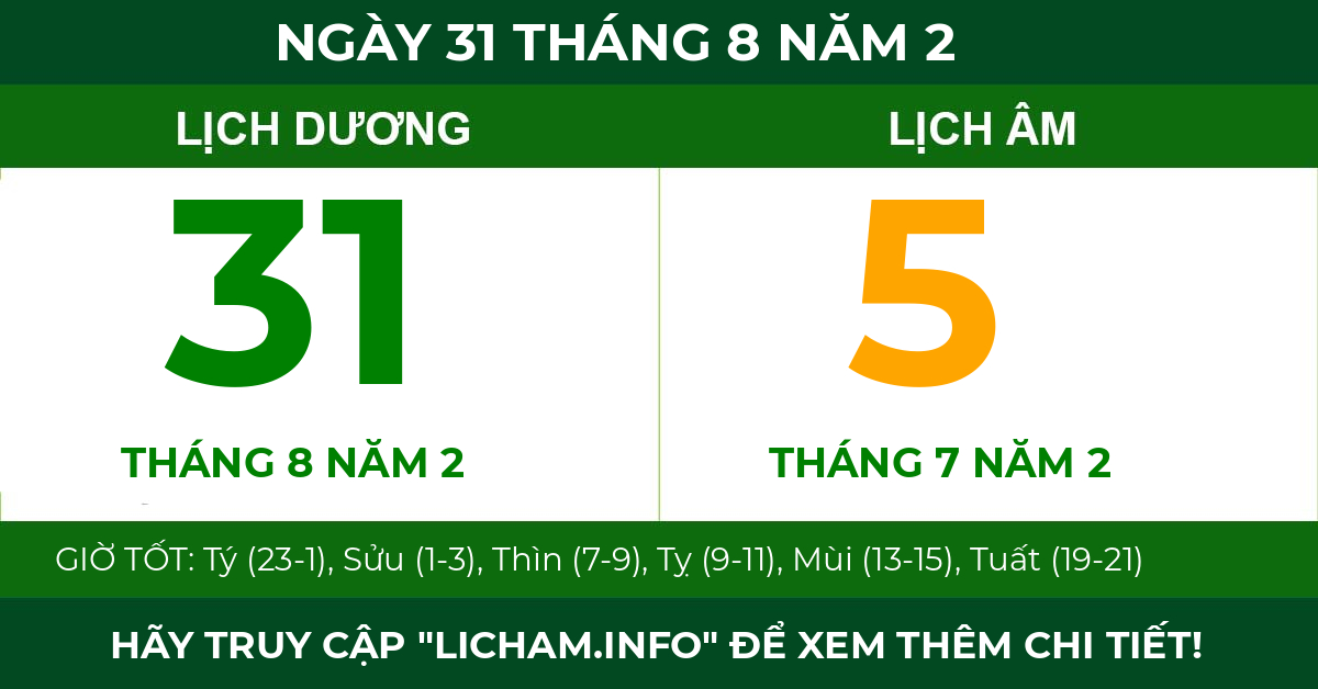 lịch âm ngày 31 tháng 8 năm 2