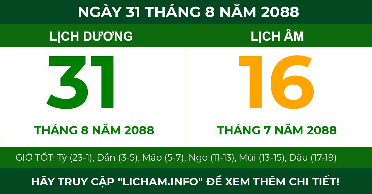 lịch âm ngày 31 tháng 8 năm 2088