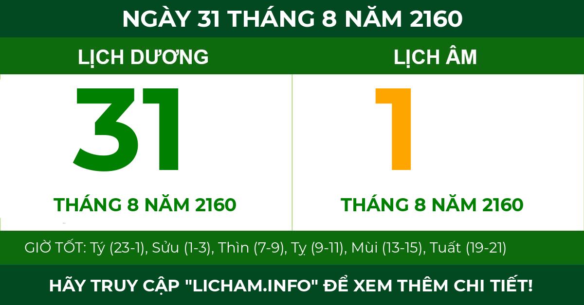 lịch âm ngày 31 tháng 8 năm 2160