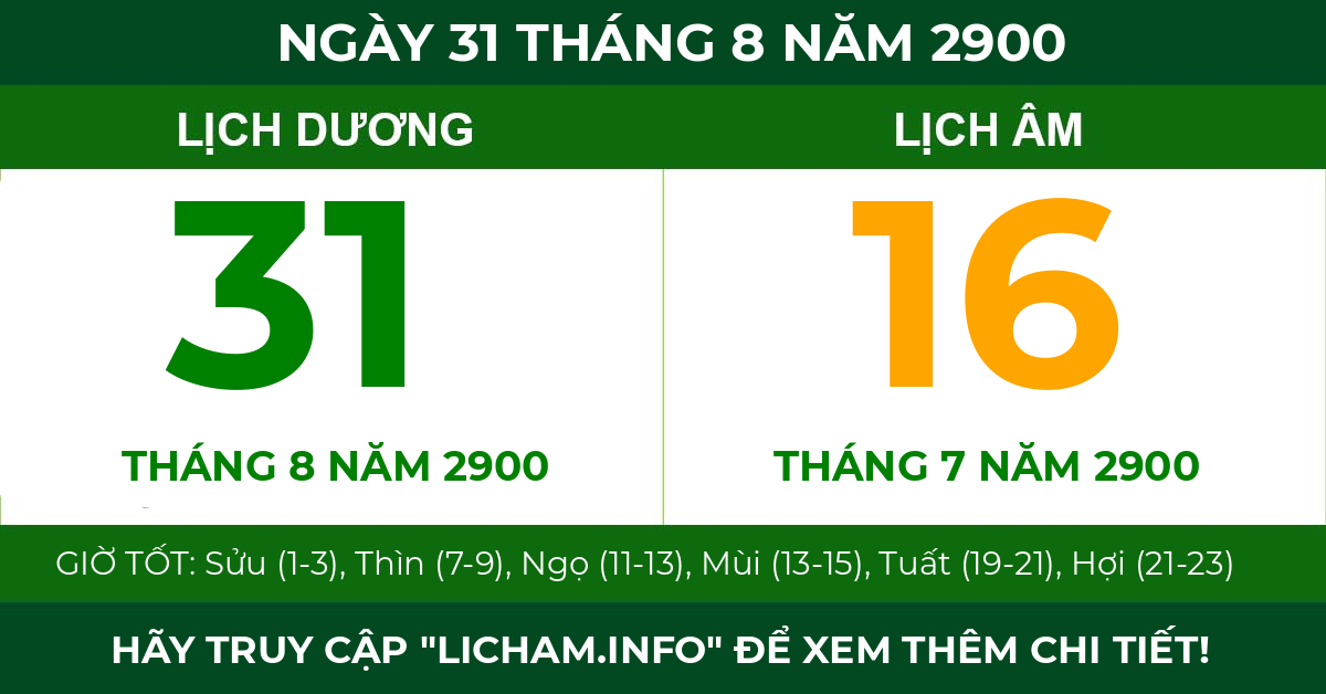 lịch âm ngày 31 tháng 8 năm 2900