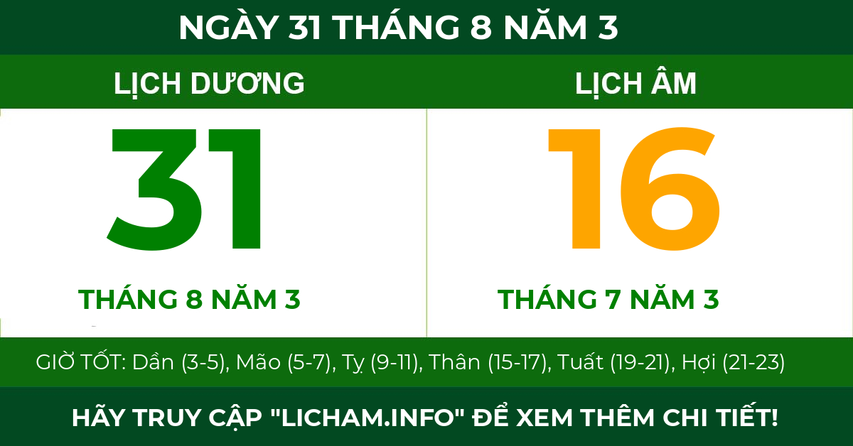 lịch âm ngày 31 tháng 8 năm 3