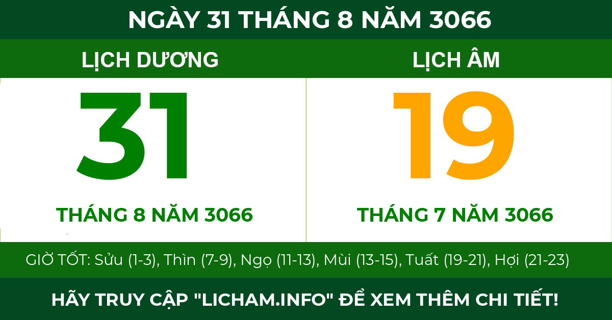 lịch âm ngày 31 tháng 8 năm 3066