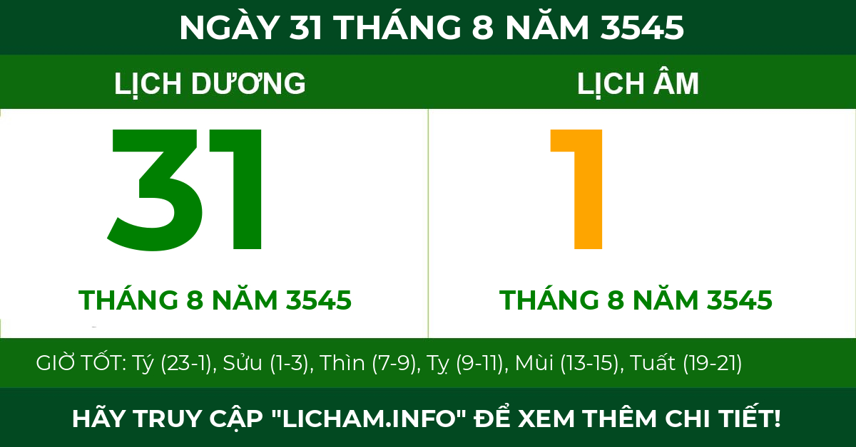 lịch âm ngày 31 tháng 8 năm 3545