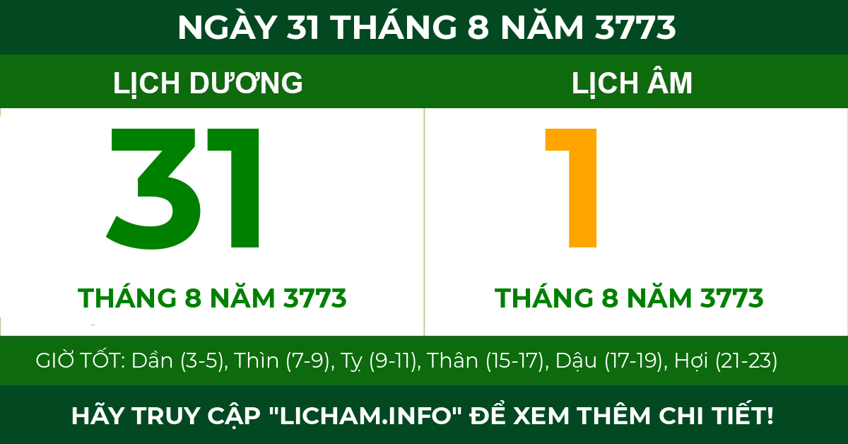 lịch âm ngày 31 tháng 8 năm 3773
