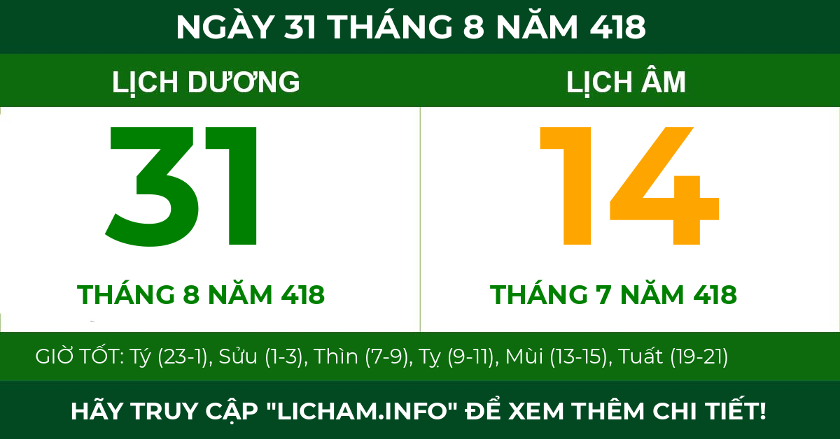 lịch âm ngày 31 tháng 8 năm 418