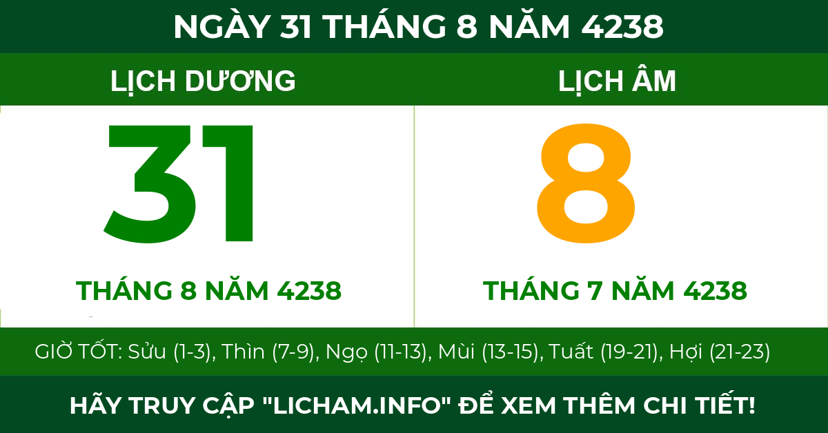lịch âm ngày 31 tháng 8 năm 4238