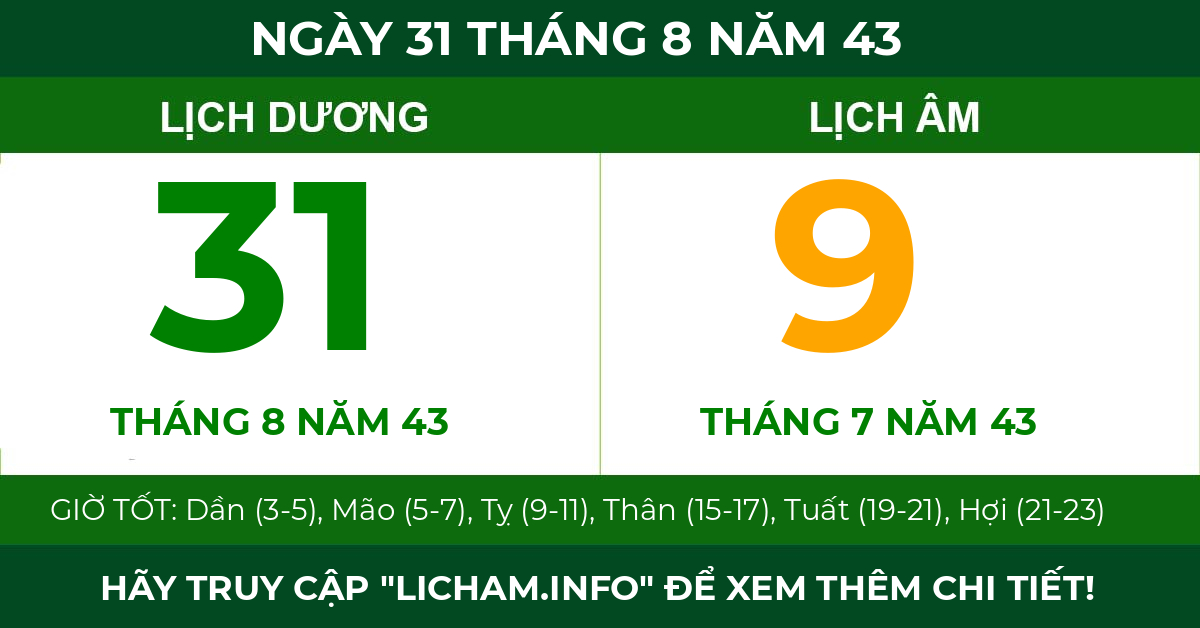 lịch âm ngày 31 tháng 8 năm 43