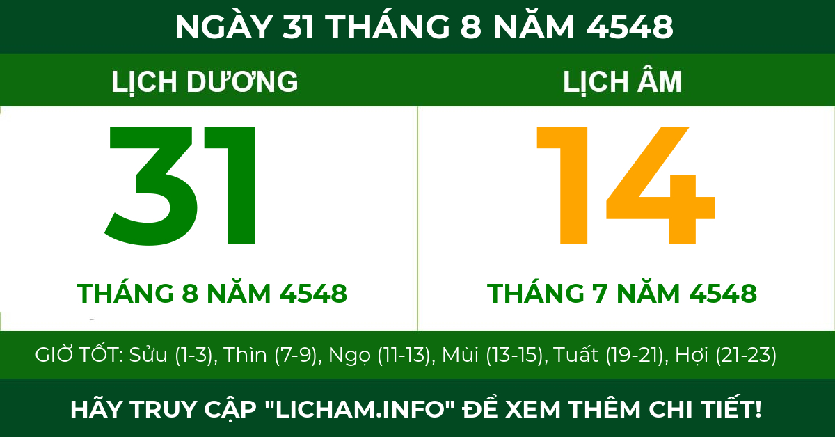 lịch âm ngày 31 tháng 8 năm 4548