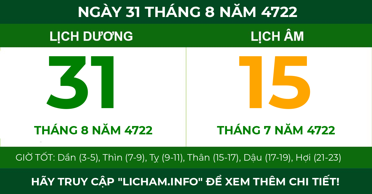 lịch âm ngày 31 tháng 8 năm 4722