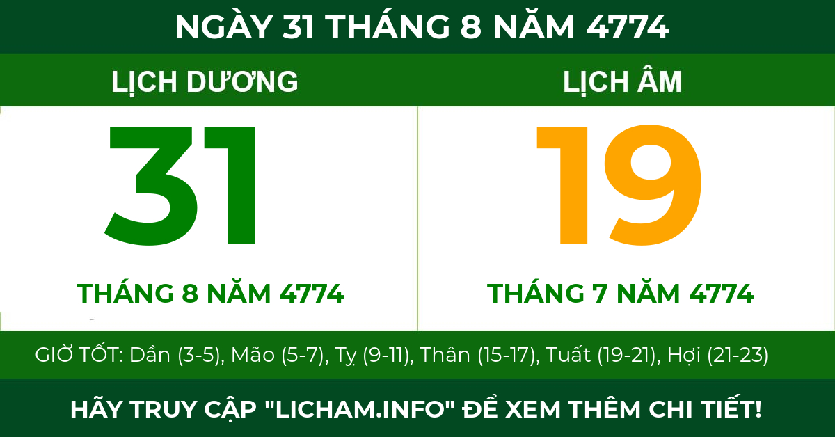 lịch âm ngày 31 tháng 8 năm 4774