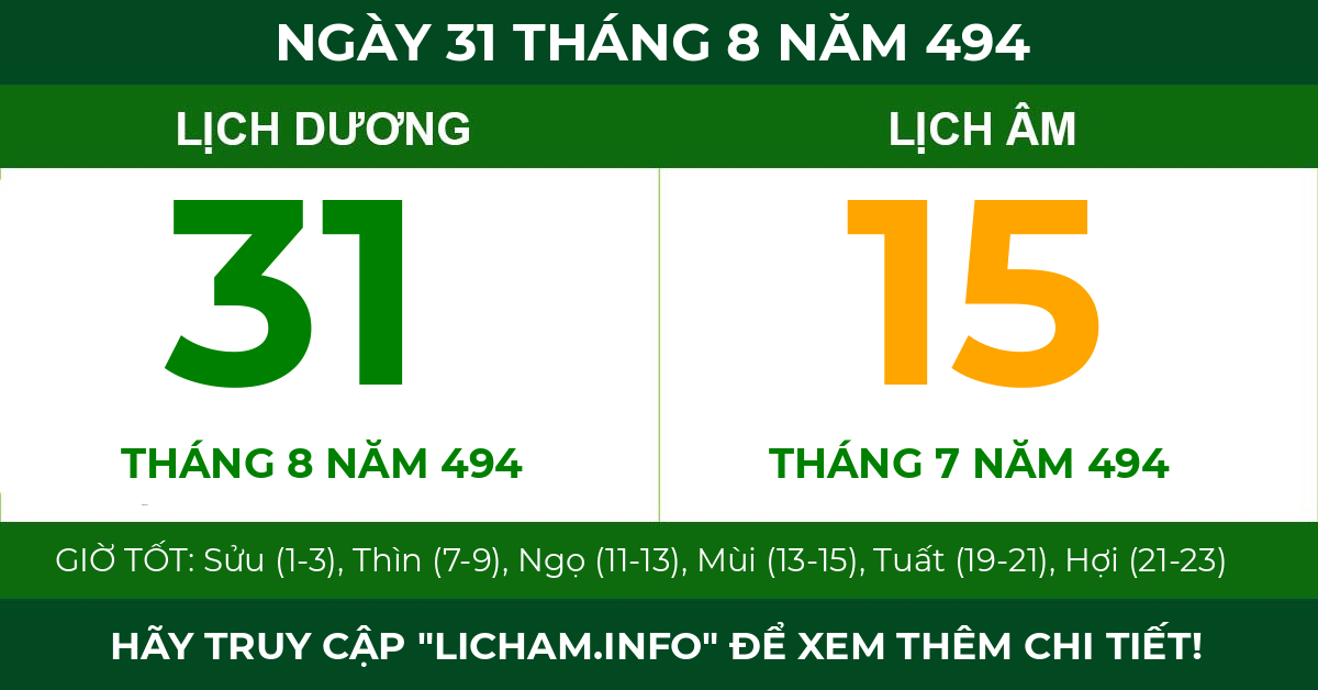 lịch âm ngày 31 tháng 8 năm 494