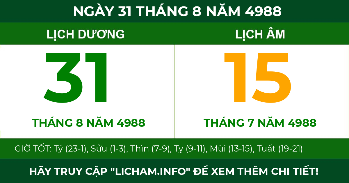 lịch âm ngày 31 tháng 8 năm 4988