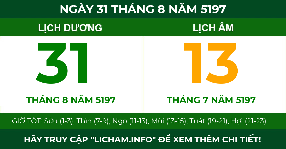 lịch âm ngày 31 tháng 8 năm 5197