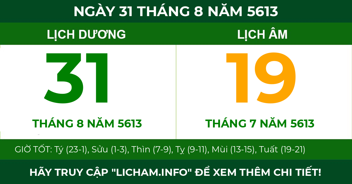 lịch âm ngày 31 tháng 8 năm 5613
