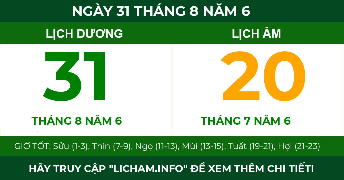 lịch âm ngày 31 tháng 8 năm 6