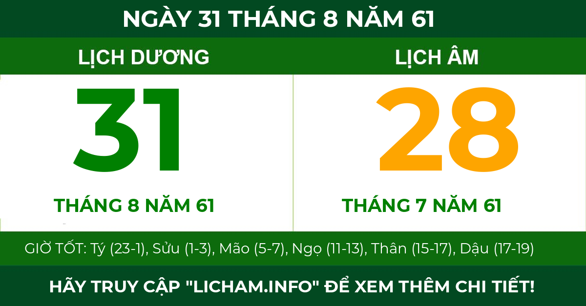 lịch âm ngày 31 tháng 8 năm 61