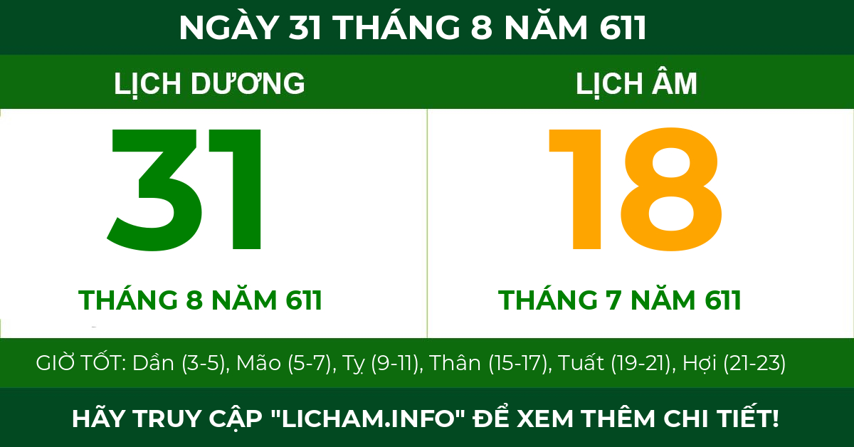lịch âm ngày 31 tháng 8 năm 611