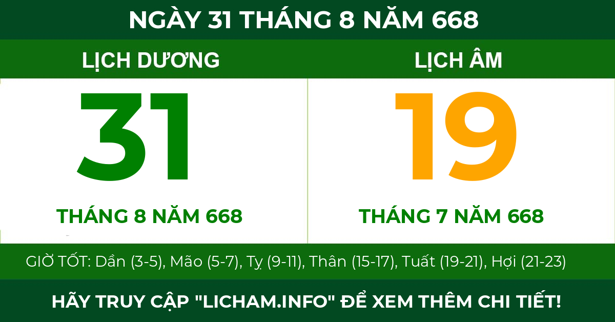 lịch âm ngày 31 tháng 8 năm 668