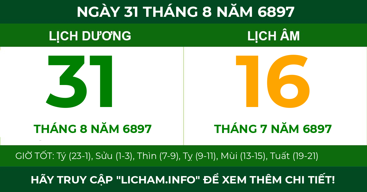 lịch âm ngày 31 tháng 8 năm 6897