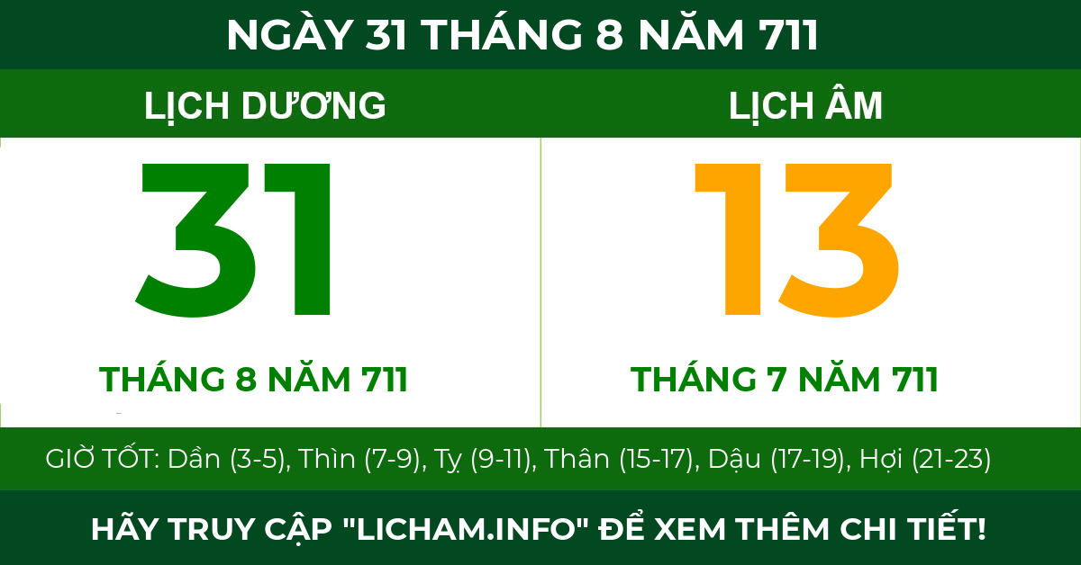 lịch âm ngày 31 tháng 8 năm 711