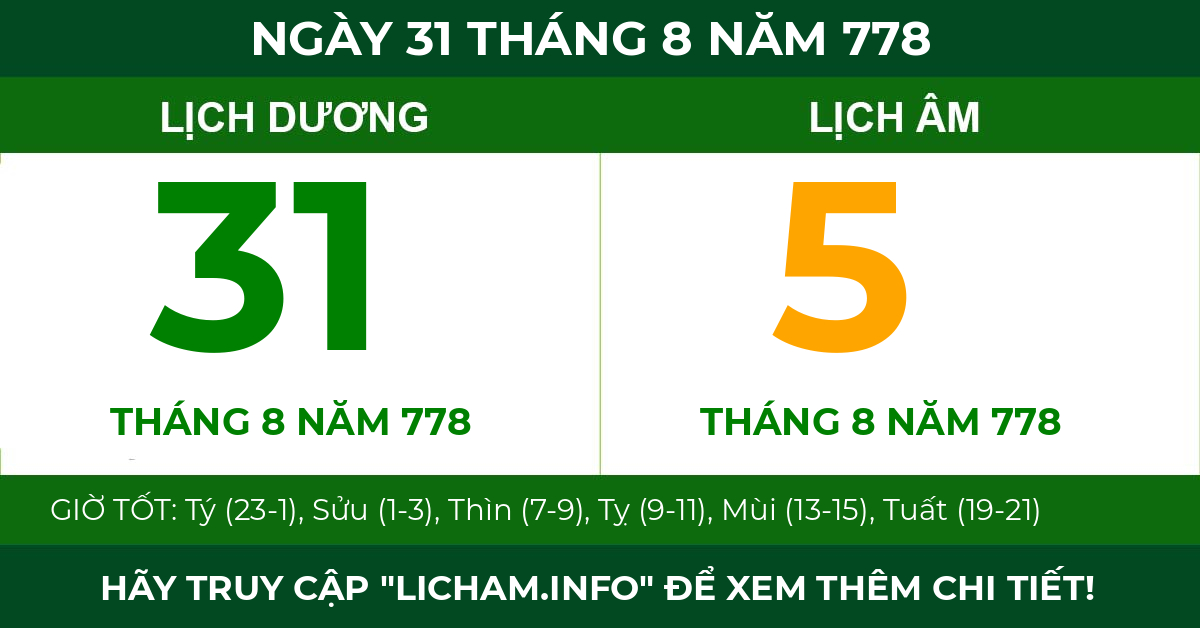 lịch âm ngày 31 tháng 8 năm 778