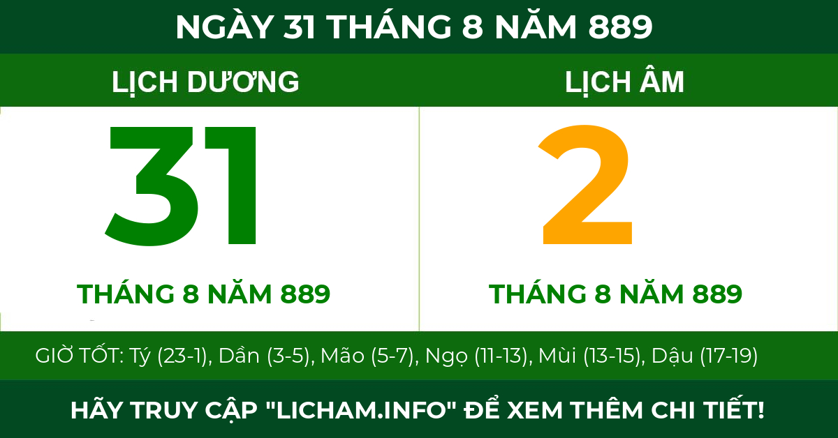 lịch âm ngày 31 tháng 8 năm 889