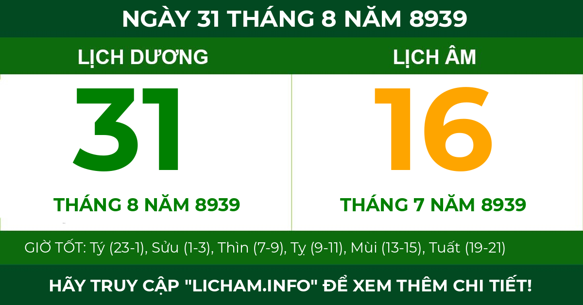 lịch âm ngày 31 tháng 8 năm 8939