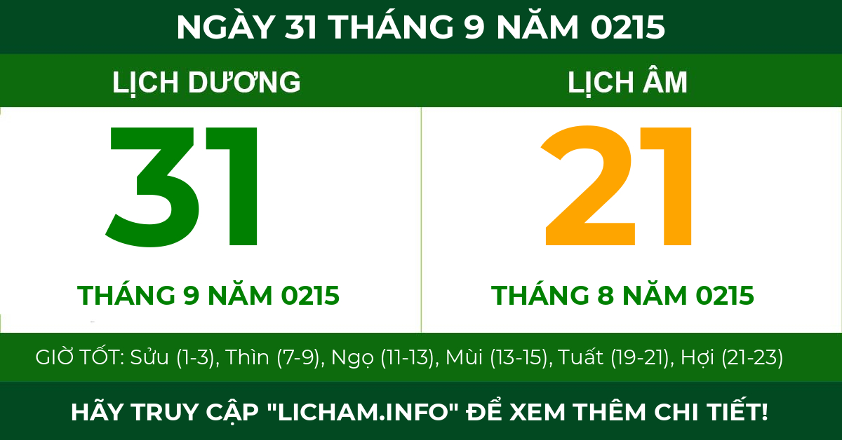 lịch âm ngày 31 tháng 9 năm 0215