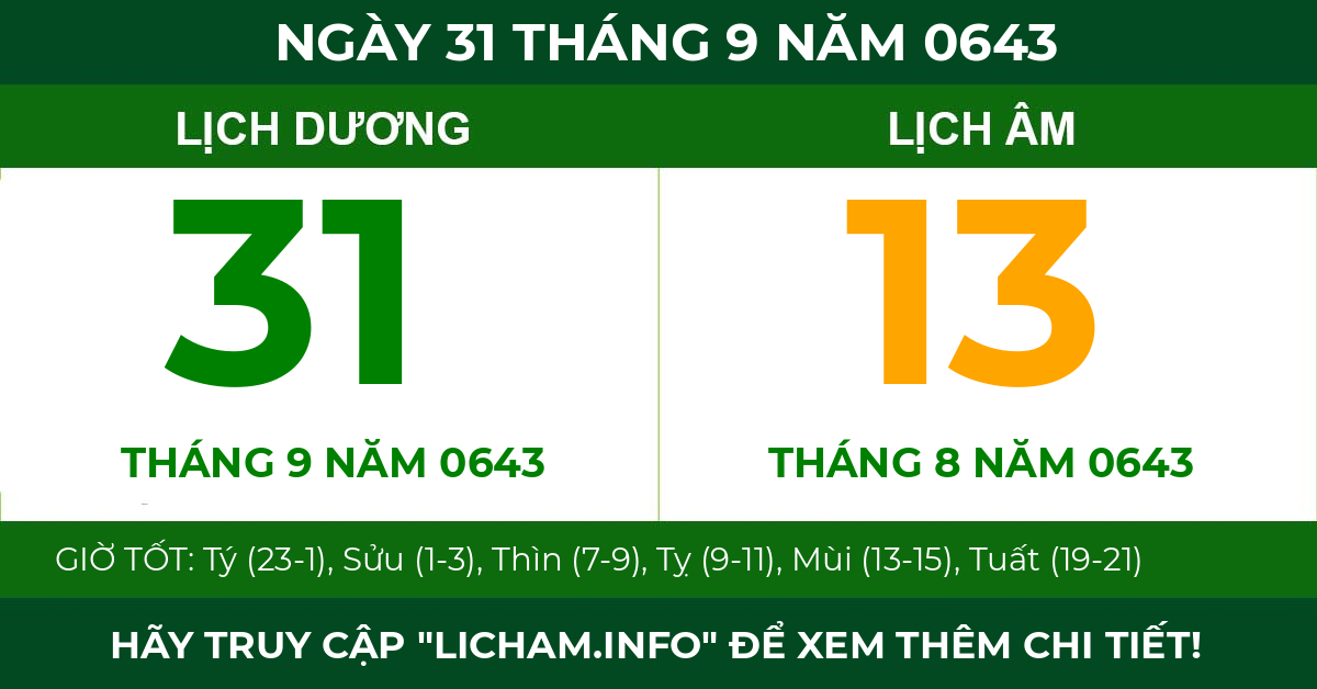 lịch âm ngày 31 tháng 9 năm 0643