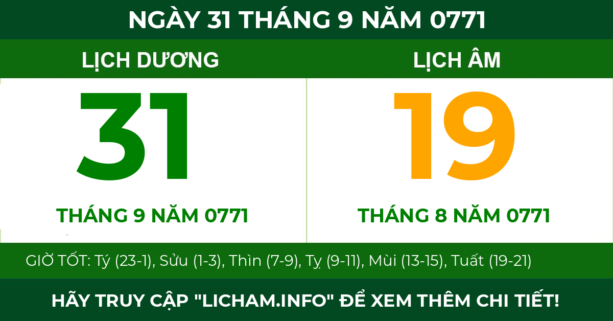 lịch âm ngày 31 tháng 9 năm 0771