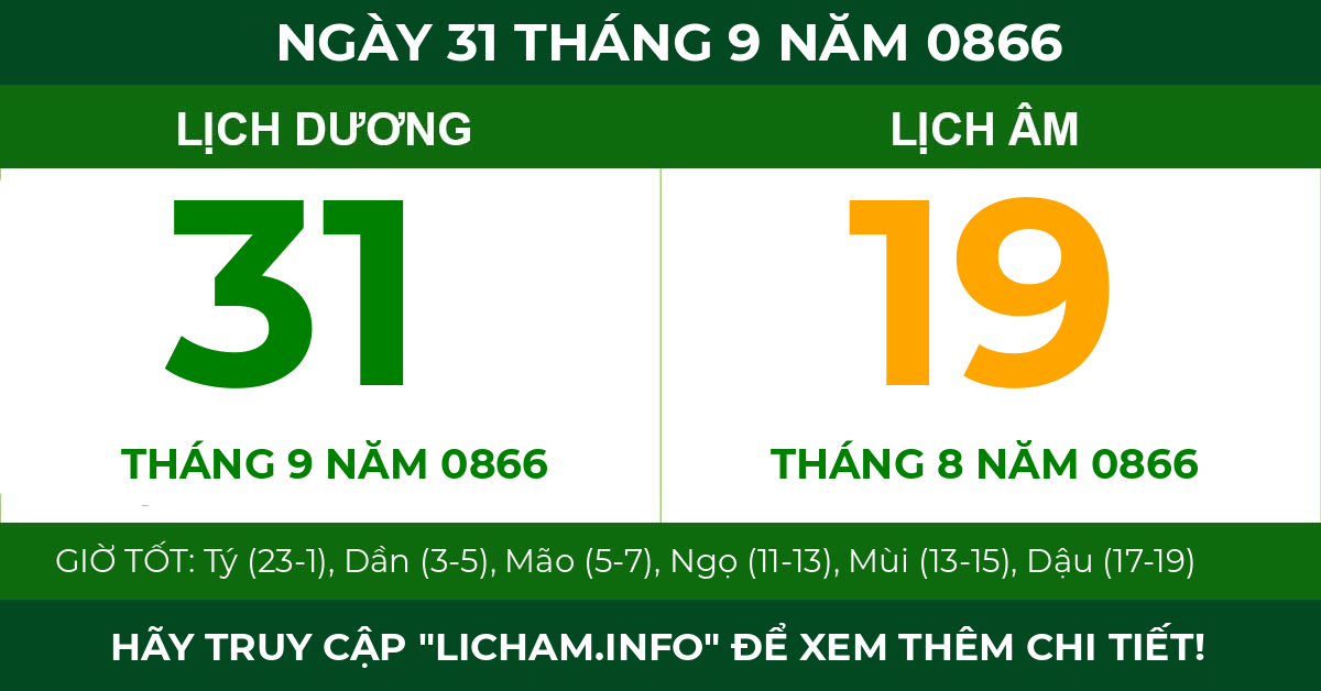 lịch âm ngày 31 tháng 9 năm 0866