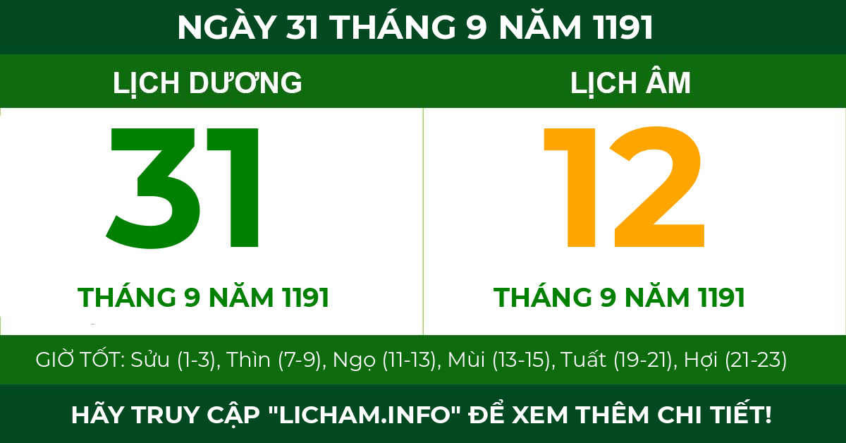 lịch âm ngày 31 tháng 9 năm 1191