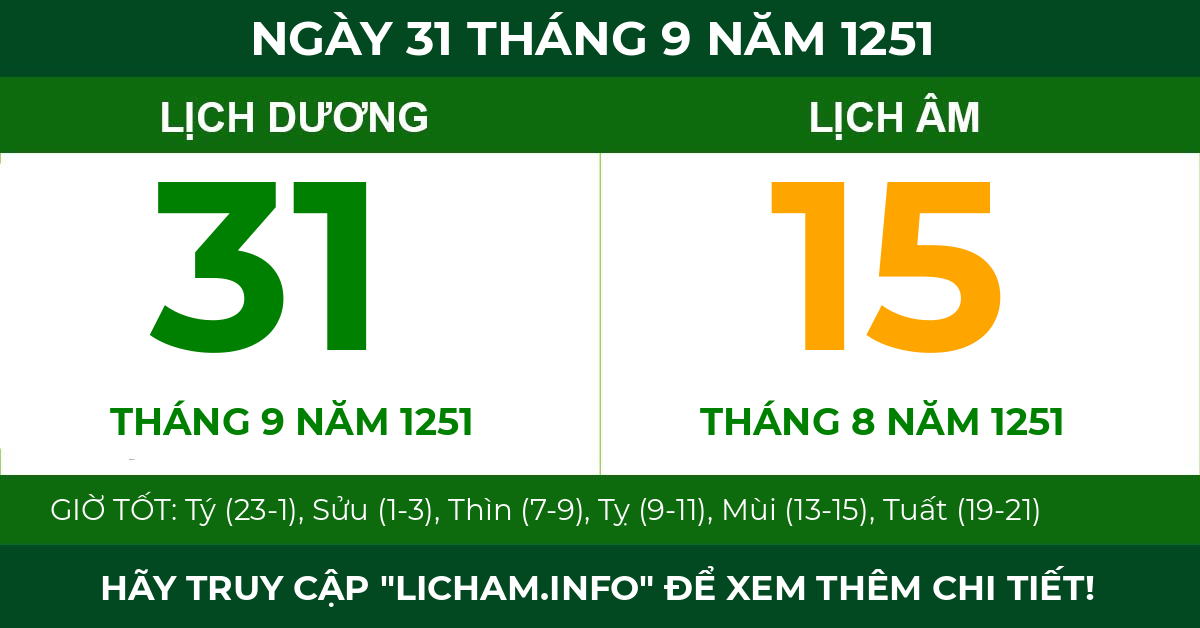 lịch âm ngày 31 tháng 9 năm 1251