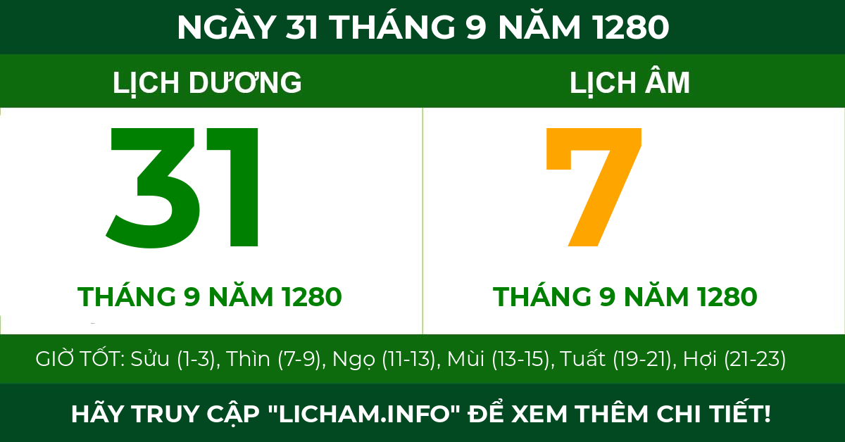 lịch âm ngày 31 tháng 9 năm 1280