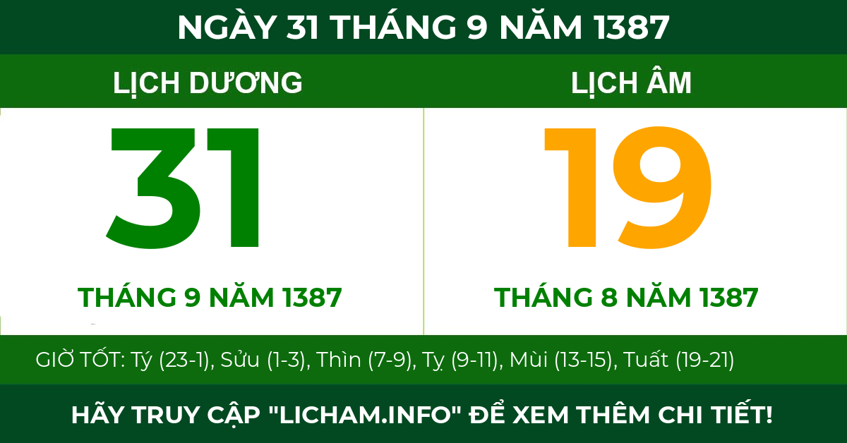 lịch âm ngày 31 tháng 9 năm 1387