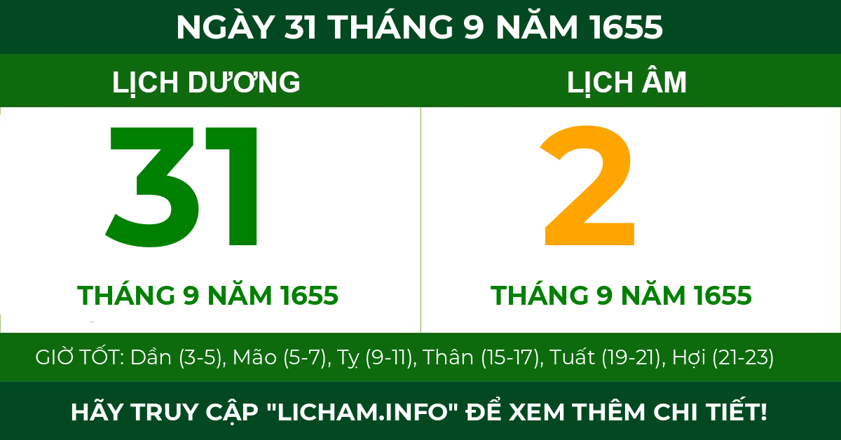 lịch âm ngày 31 tháng 9 năm 1655