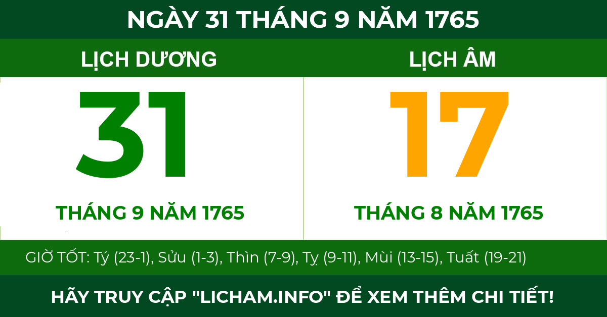 lịch âm ngày 31 tháng 9 năm 1765