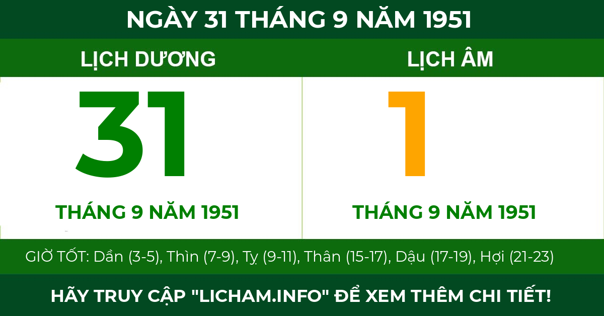 lịch âm ngày 31 tháng 9 năm 1951