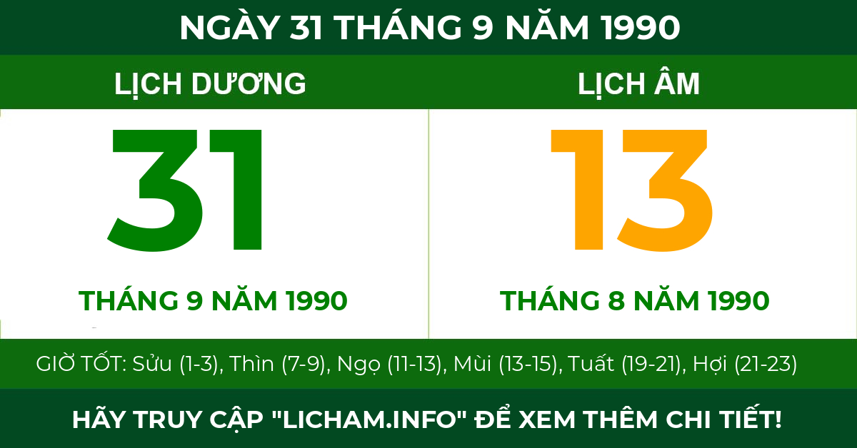 lịch âm ngày 31 tháng 9 năm 1990