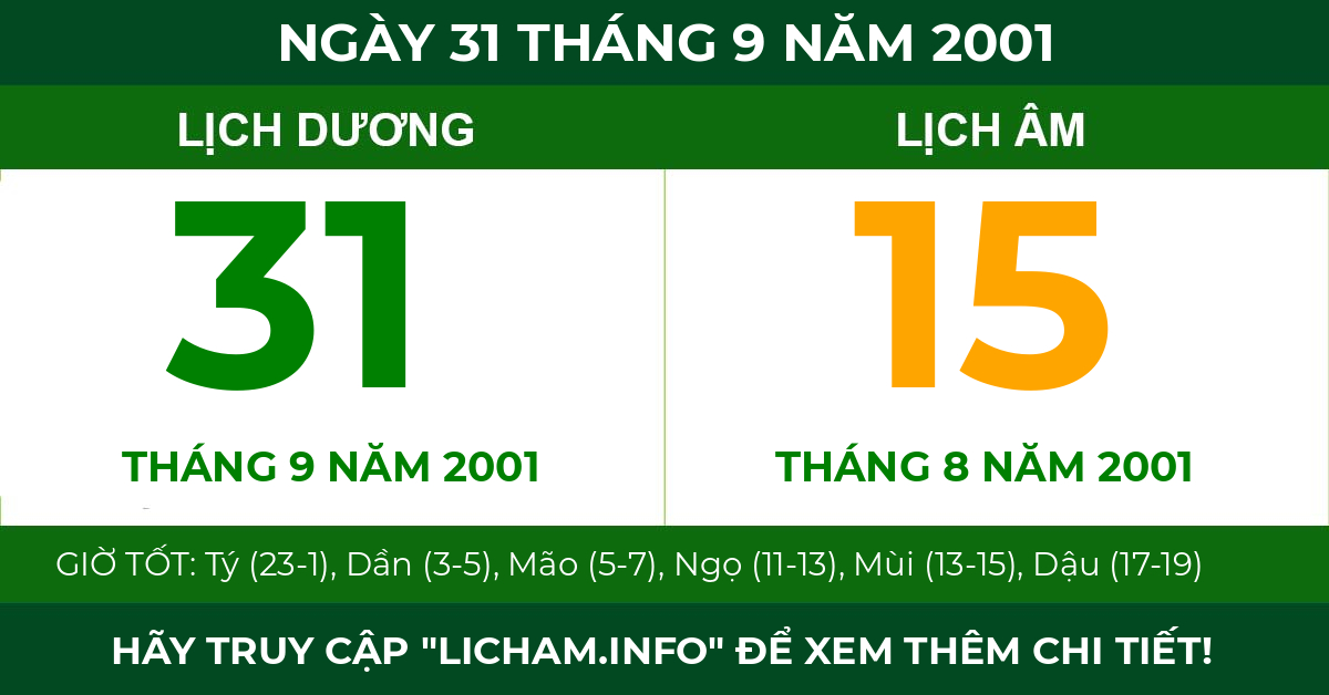 lịch âm ngày 31 tháng 9 năm 2001