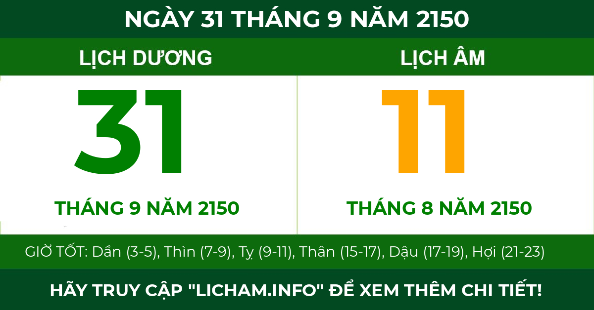 lịch âm ngày 31 tháng 9 năm 2150