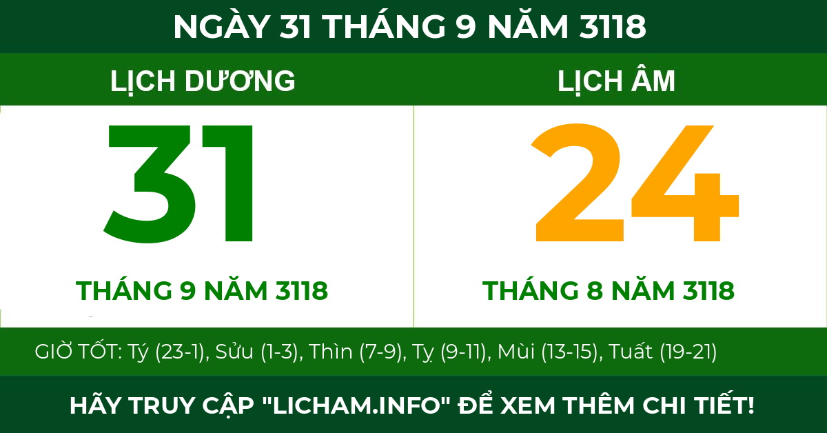 lịch âm ngày 31 tháng 9 năm 3118