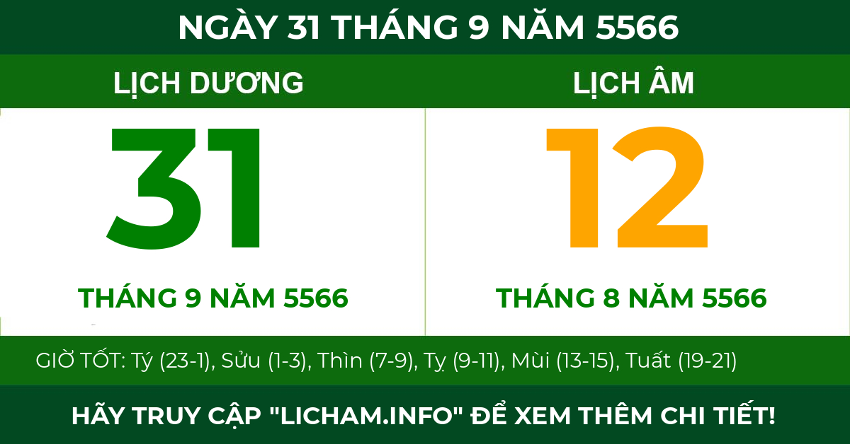 lịch âm ngày 31 tháng 9 năm 5566