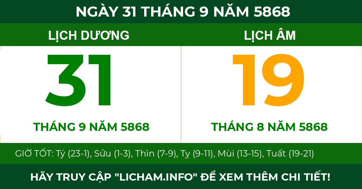 lịch âm ngày 31 tháng 9 năm 5868