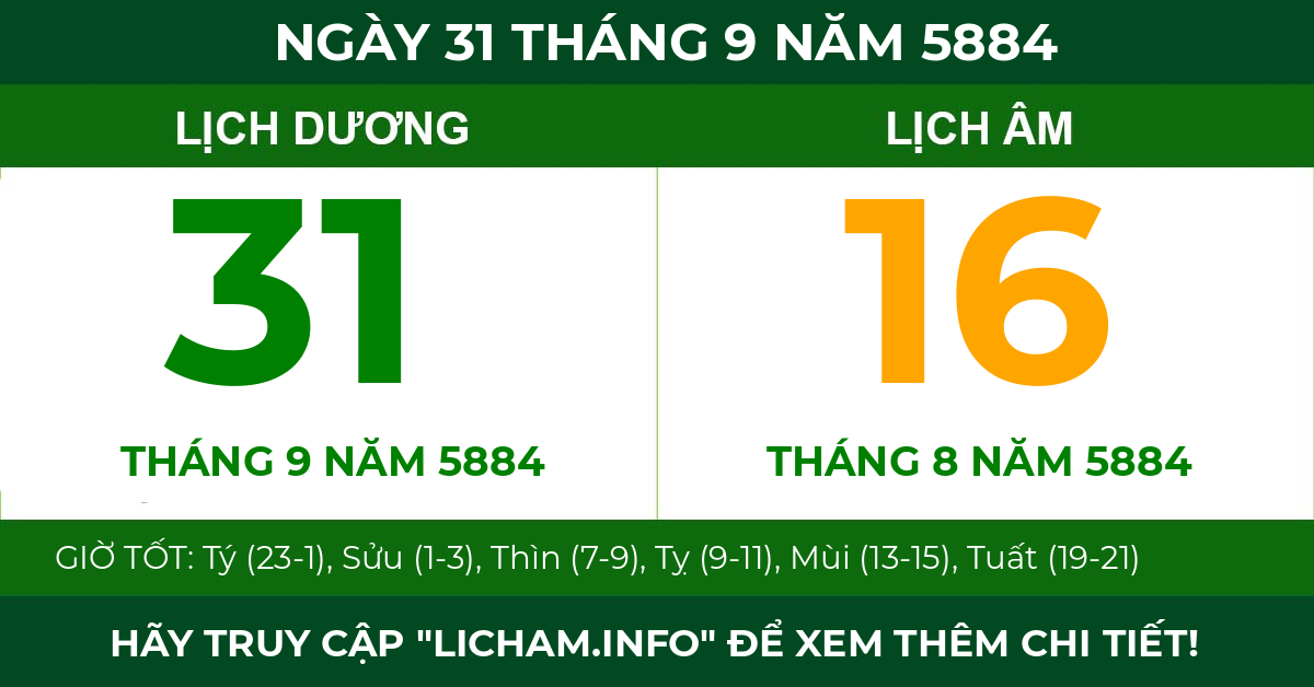 lịch âm ngày 31 tháng 9 năm 5884