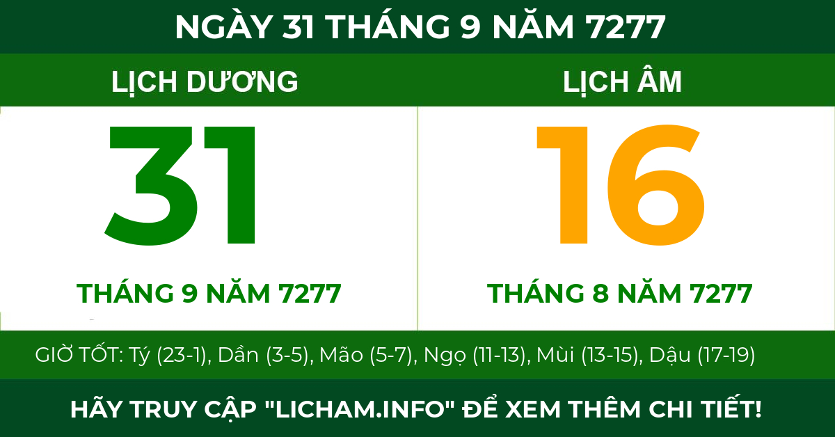 lịch âm ngày 31 tháng 9 năm 7277
